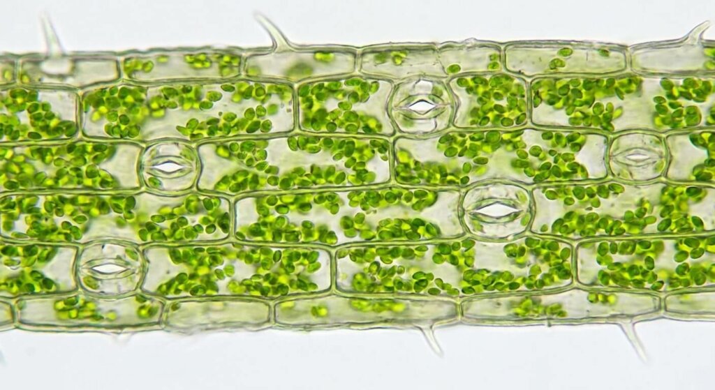 A highly magnified, microscopic view of a blade of grass, highlighting the cellular structure, the stomata, and the brilliant green chloroplasts that drive photosynthesis.