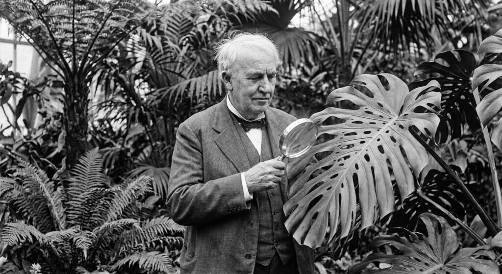 Black-and-white historical portrait of Thomas Edison in his later years. He is standing in a lush botanical garden, holding a magnifying glass, looking thoughtfully at a large, vibrant tropical leaf