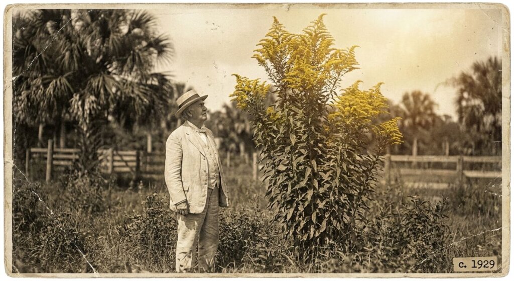 A vintage photograph of an elderly Thomas Edison, wearing a light suit, standing next to a towering, twelve-foot-tall goldenrod plant in a Florida field.