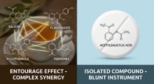 aspirin plant medicine,microbiome This infographic clearly illustrates the "entourage effect" by contrasting the complex symphony of compounds in willow bark tea with the single, isolated molecule of aspirin.