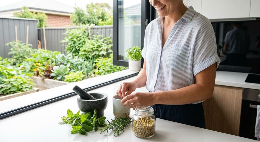 aspirin plant medicine,microbiome Image showing a person in a modern home using herbs from their own kitchen garden, symbolizing a practical return to natural remedies and a holistic approach to health.