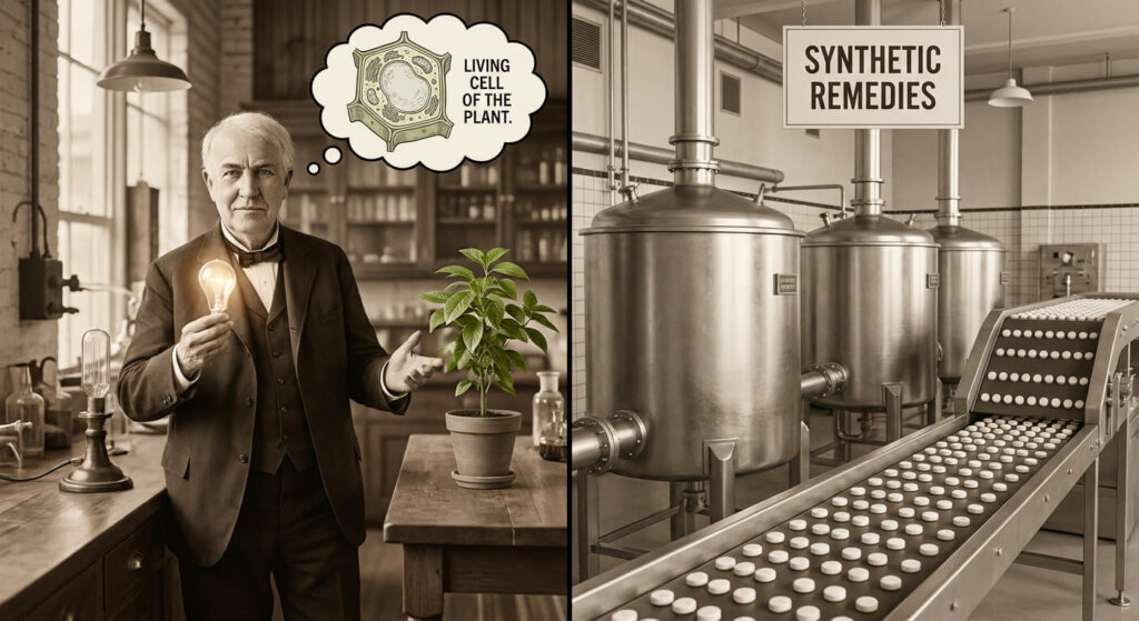 aspirin plant medicine,microbiome The Core Conflict: Edison's Warning vs. Synthetic Medicine. Thomas Edison's reverence for the "living cell" with the industrial scale of synthetic drug production.