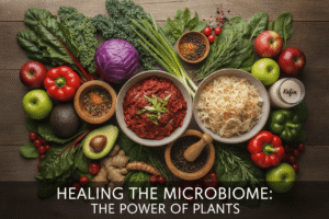 aspirin plant medicine,microbiome A vibrant and appealing image of a diverse array of fresh, whole plant foods and fermented foods, emphasizing the connection between diet, plants, and a healthy microbiome.