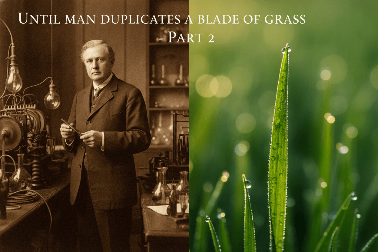 A split image, or a juxtaposition. On one side, a vintage, black-and-white image of Thomas Edison in his laboratory, surrounded by early electrical equipment and inventions. On the other side, a vibrant, close-up, dew-kissed blade of grass with intricate details, perhaps with a subtle glow, symbolizing nature's complexity.