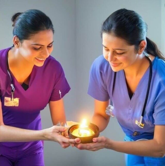 Two female physiotherapists lighting a Diwali lamp together in a clinic