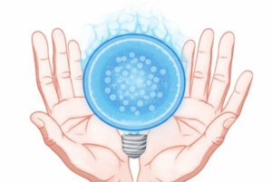 Illustration of healing hands channeling energy into a symbolic blue light, representing therapeutic intention and energy transfer in physiotherapy