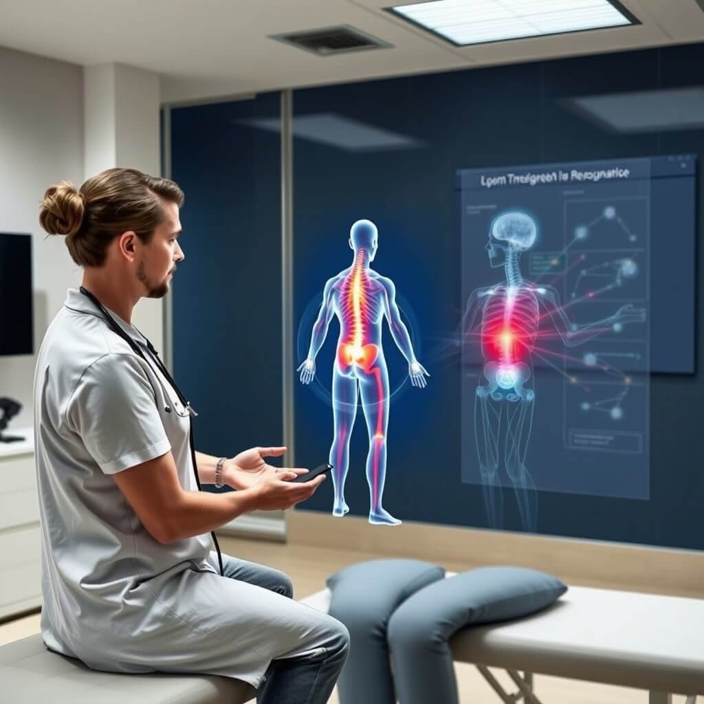 Physiotherapist interacting with a holographic spinal scan, showcasing modern diagnostic techniques aligned with quantum resonance concepts