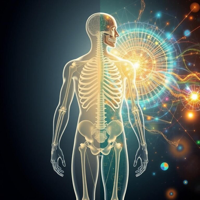 biophysics quantum resonance,biophysics Digital visualization of the human skeletal and nervous system with energetic patterns and quantum light fields symbolizing quantum resonance.